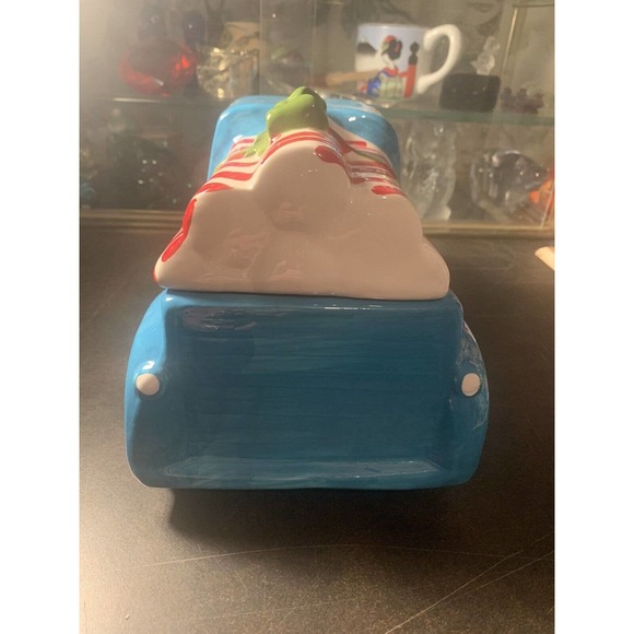 World Market Ceramic Blue Pick-Up Truck Cookie Jar w/Candy Cane Logs - Picture 4 of 10